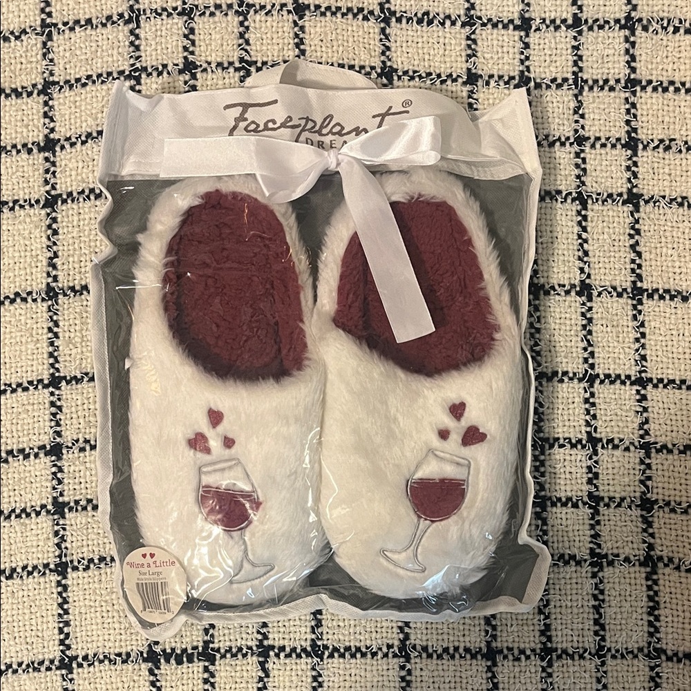 Faceplant Cozy Wine Glass Fuzzy Slippers - White & Burgundy
